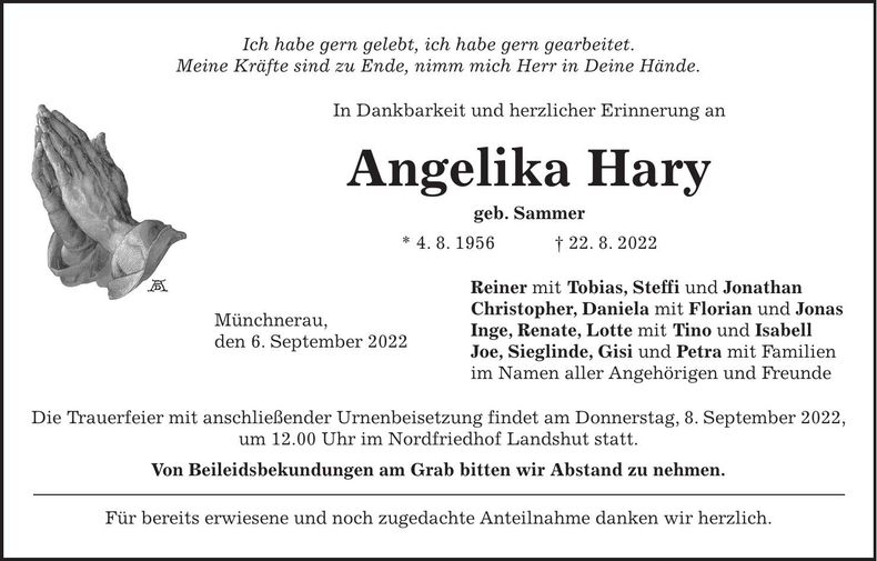Traueranzeige Angelika Hary