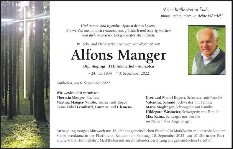 Traueranzeige Alfons Manger