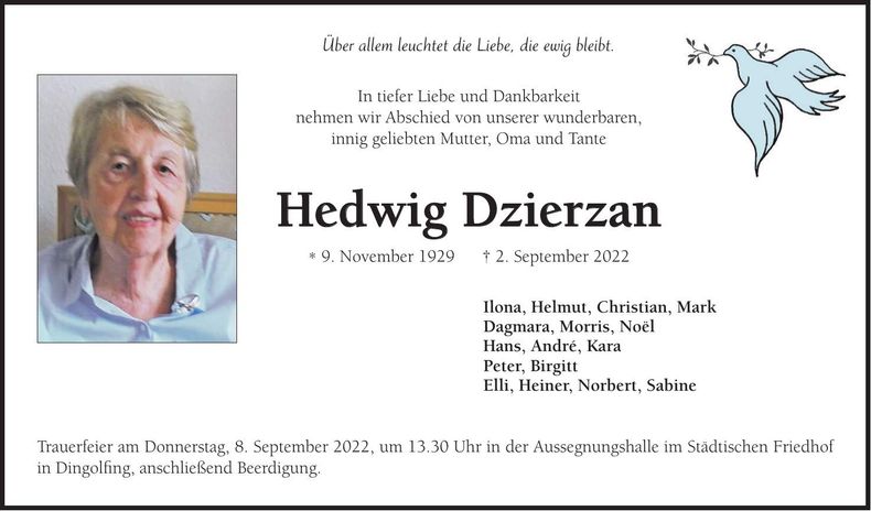 Traueranzeige Hedwig Dzierzan