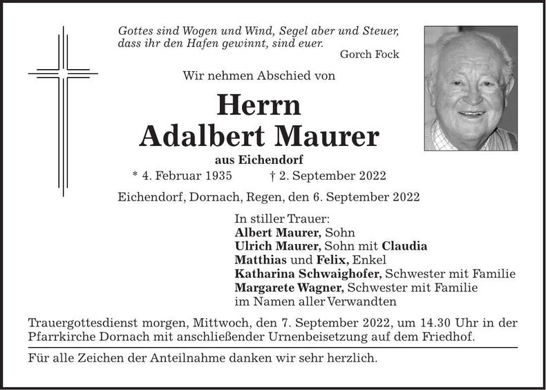 Traueranzeige Adalbert Maurer