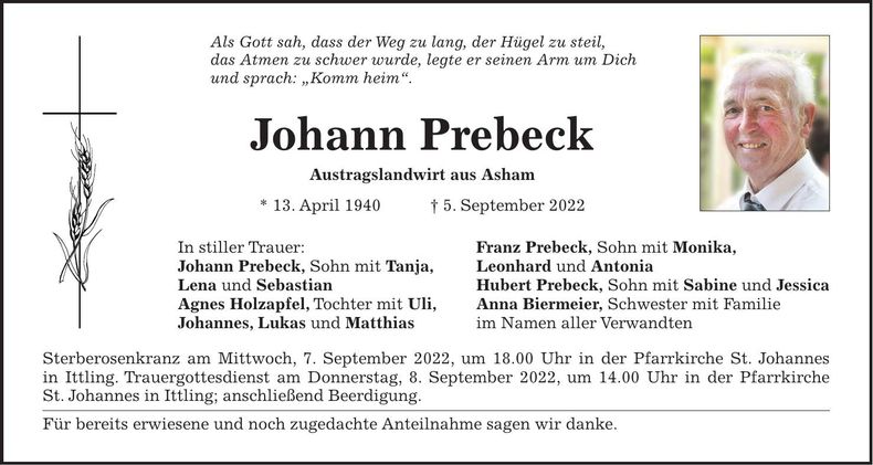 Traueranzeige Johann Prebeck