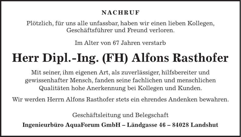 Traueranzeige Alfons Rasthofer