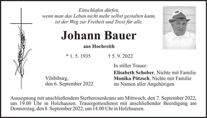 Traueranzeige Johann Bauer