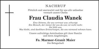 Traueranzeige Claudia Wanek