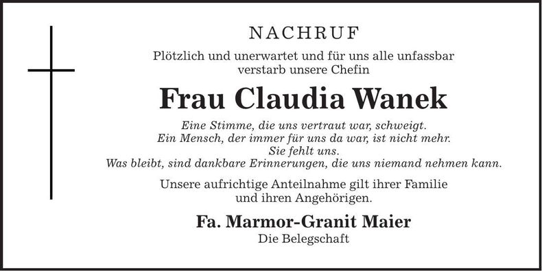 Traueranzeige Claudia Wanek