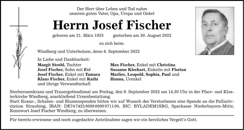 Traueranzeige Josef Fischer