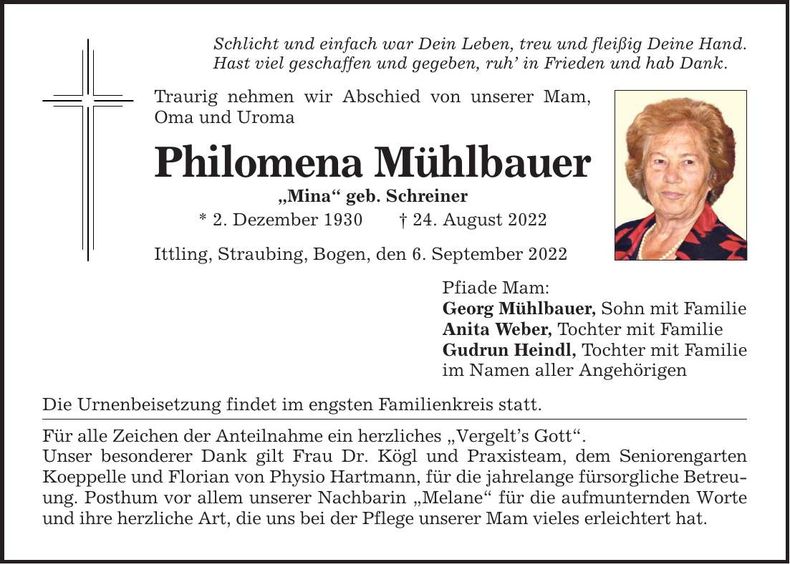 Traueranzeige Philomena Mühlbauer