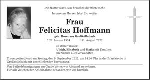 Traueranzeige Felicitas Hoffmann