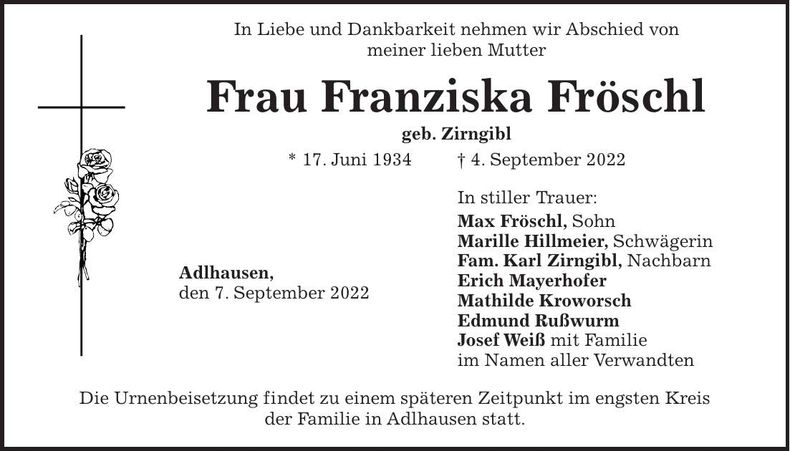 Traueranzeige Franziska Fröschl