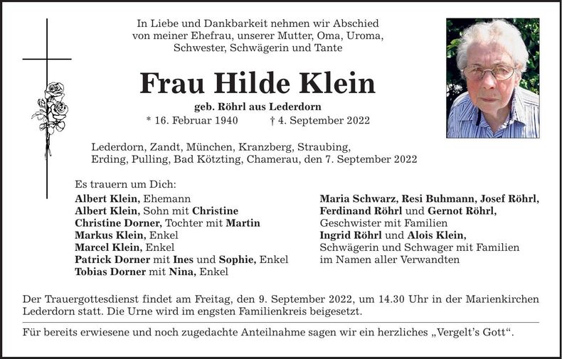 Traueranzeige Hilde Klein