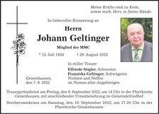 Traueranzeige Johann Geltinger
