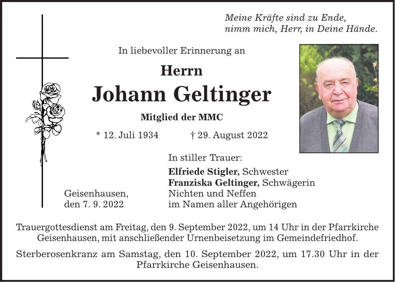 Traueranzeige Johann Geltinger