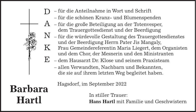 Traueranzeige Barbara Hartl