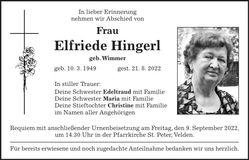 Traueranzeige Elfriede Hingerl
