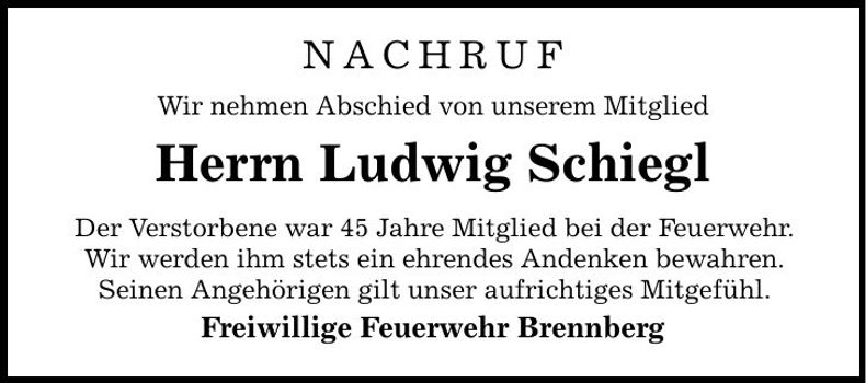 Traueranzeige Ludwig Schiegl