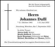 Traueranzeige Johannes Dußl