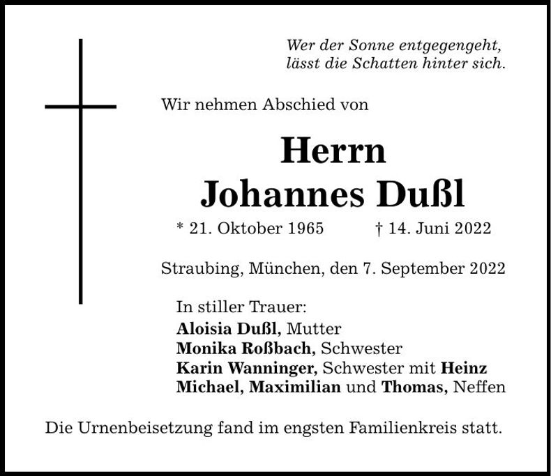 Traueranzeige Johannes Dußl