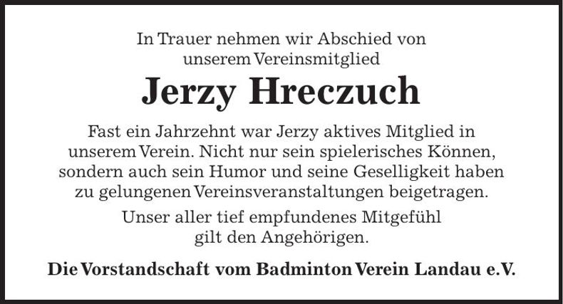 Traueranzeige Jerzy Hreczuch