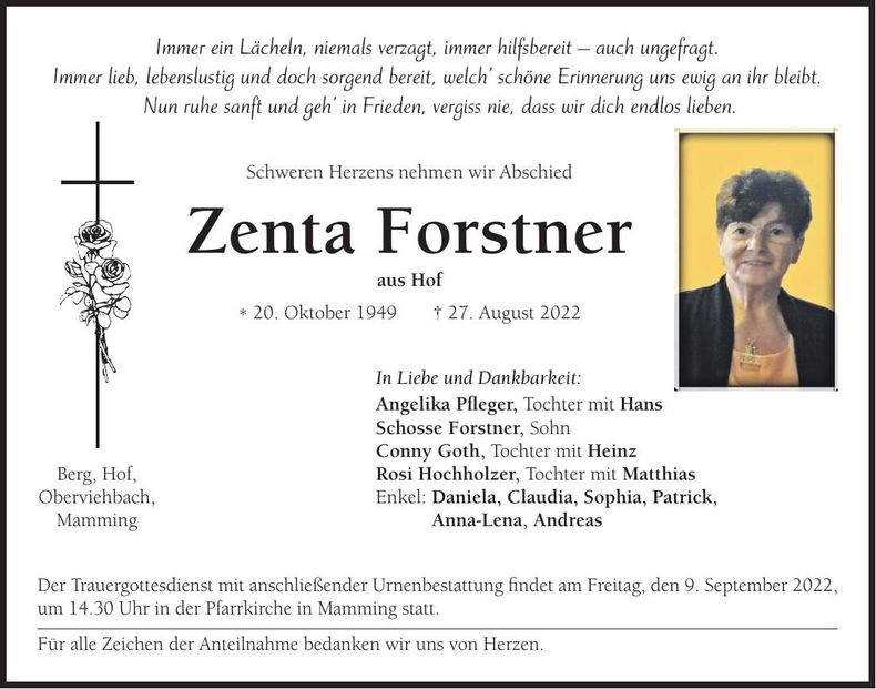 Traueranzeige Zenta Forstner