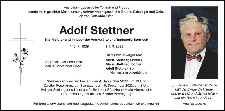 Traueranzeige Adolf Stettner