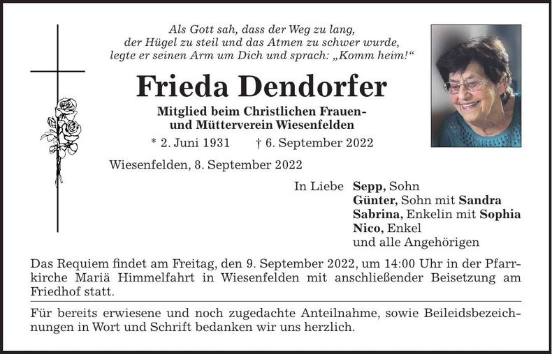 Traueranzeige Frieda Dendorfer
