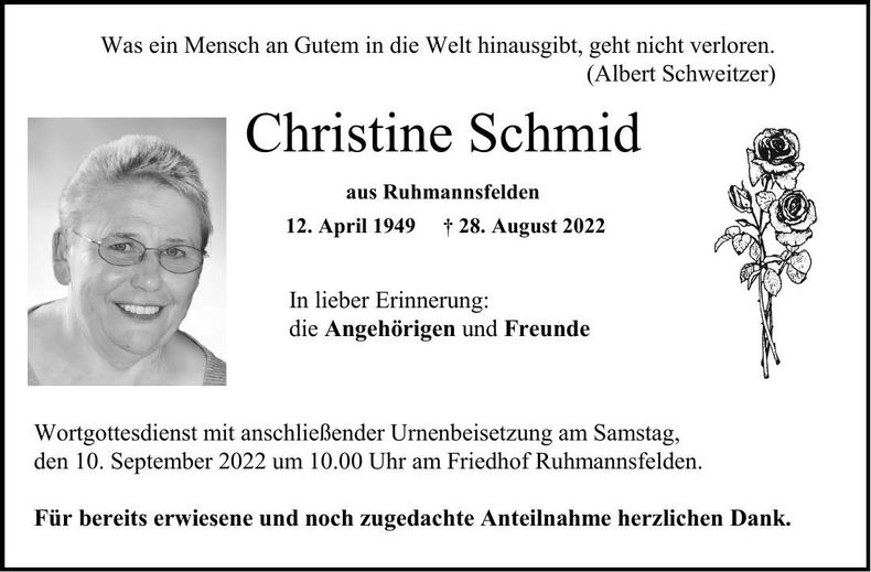 Traueranzeige Schid Christine