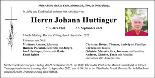 Traueranzeige Johann Huttinger