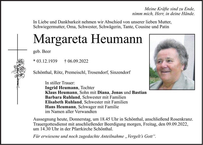 Traueranzeige Margareta Heumann