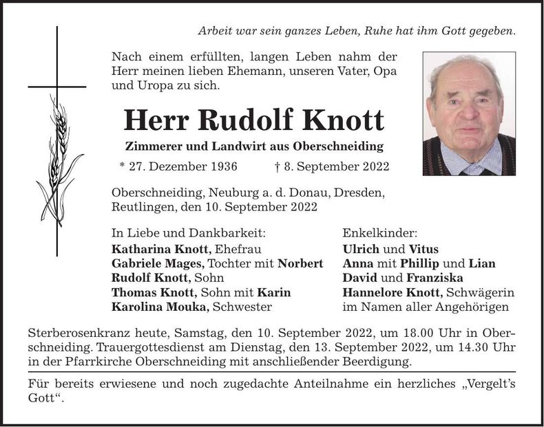 Traueranzeige Rudolf Knott