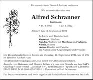 Traueranzeige Alfred Schranner