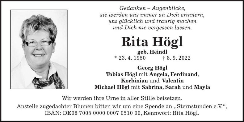 Traueranzeige Rita Högl