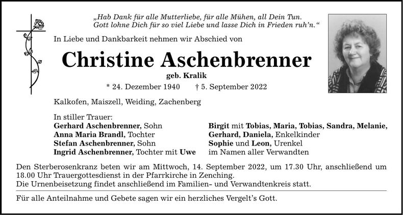Traueranzeige Christine Aschenbrenner