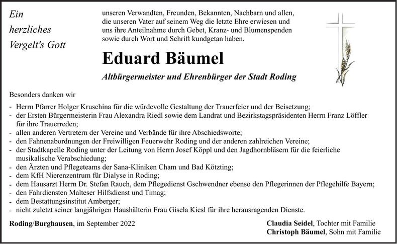 Traueranzeige Eduard Bäumel