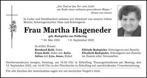 Traueranzeige Martha Hageneder