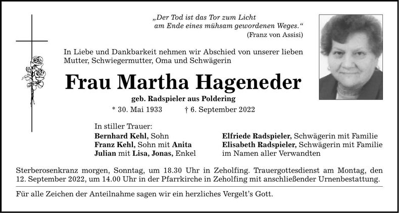 Traueranzeige Martha Hageneder