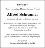 Traueranzeige Alfred Schranner
