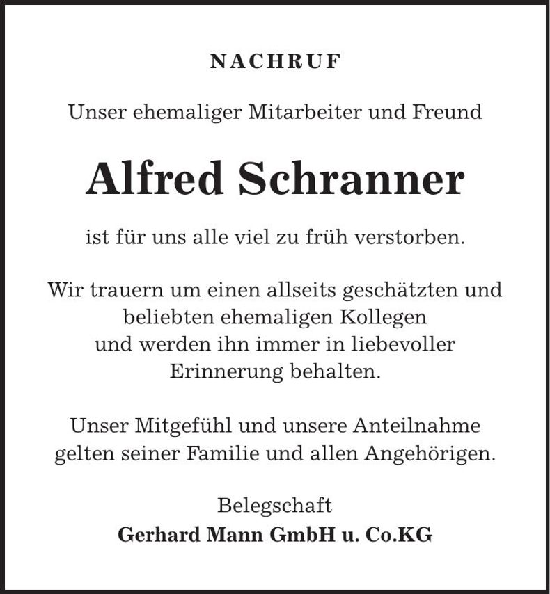 Traueranzeige Alfred Schranner