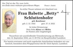 Traueranzeige Babette Schluttenhofer