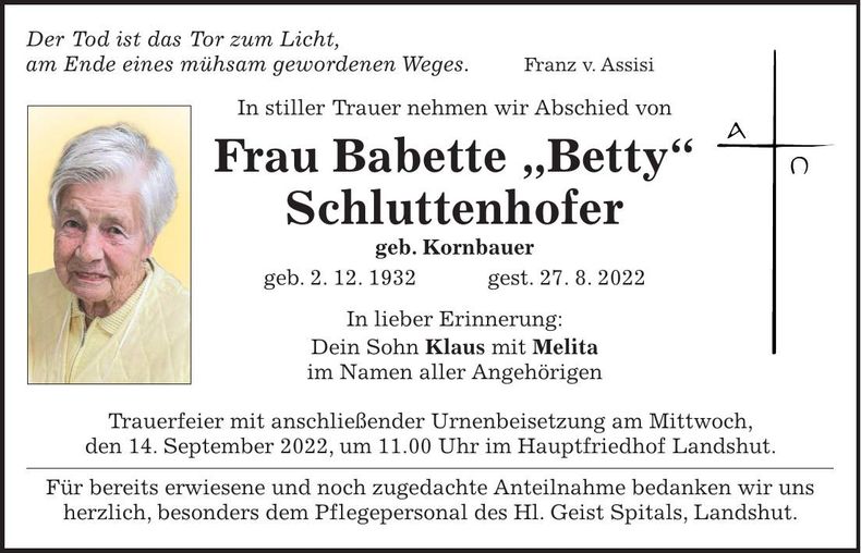 Traueranzeige Babette Schluttenhofer