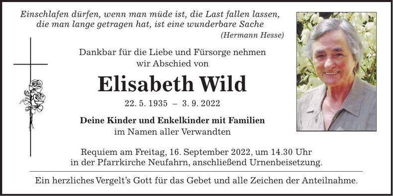 Traueranzeige Elisabeth Wild