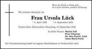 Traueranzeige Ursula Lück