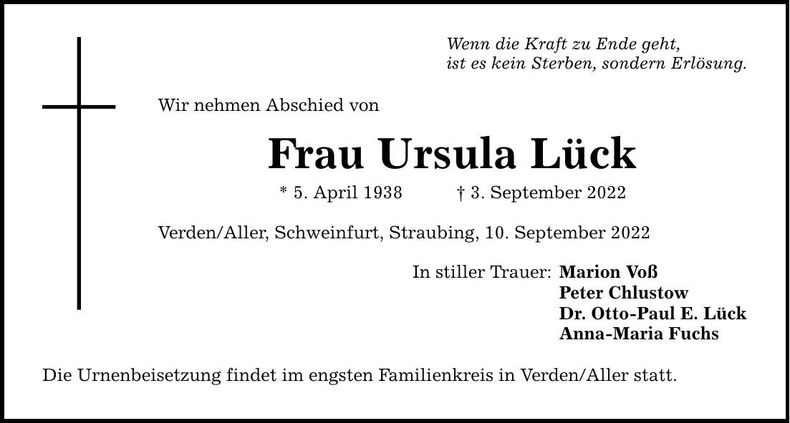 Traueranzeige Ursula Lück