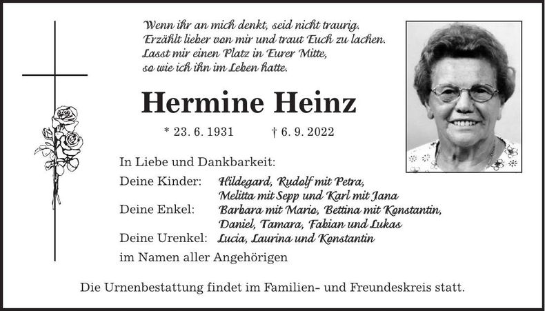 Traueranzeige Hermine Heinz