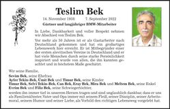 Traueranzeige Teslim Bek