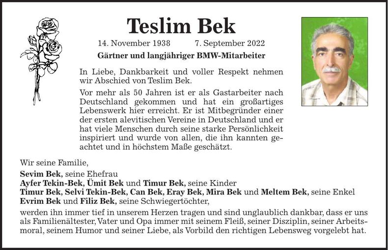 Traueranzeige Teslim Bek
