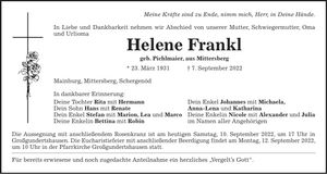Traueranzeige Helene Frankl