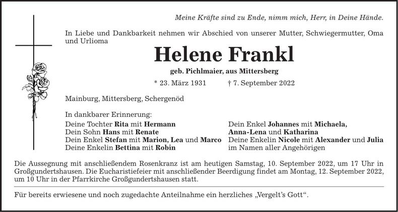 Traueranzeige Helene Frankl