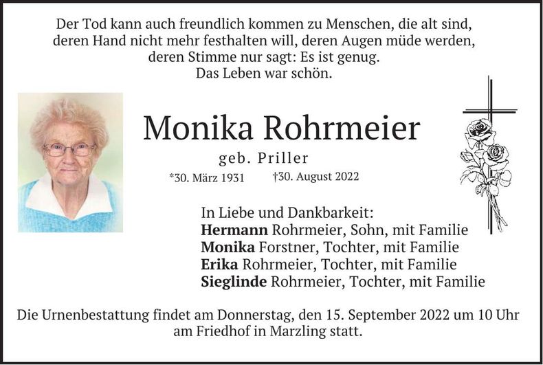 Traueranzeige Monika Rohrmeier