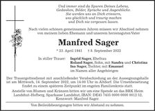 Traueranzeige Manfred Sager