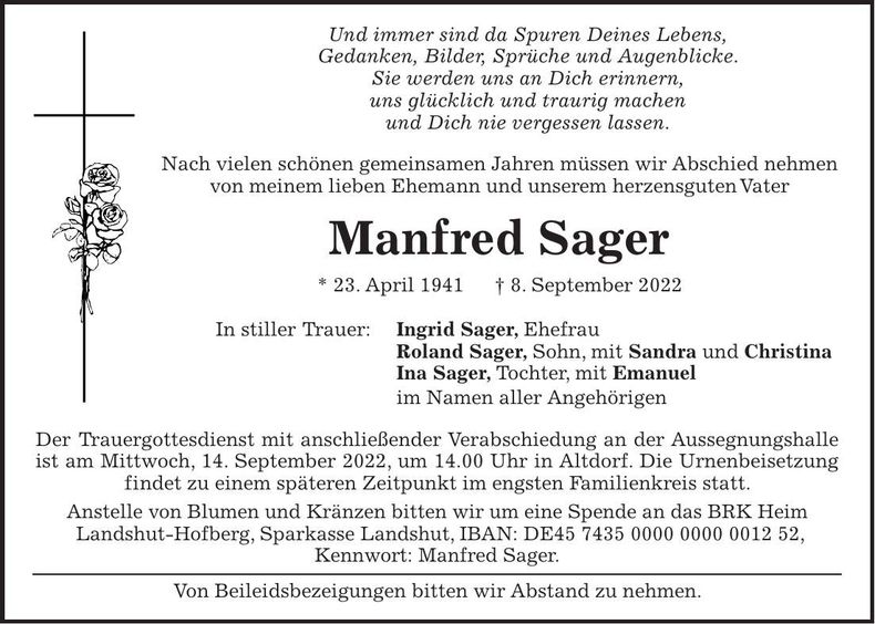 Traueranzeige Manfred Sager